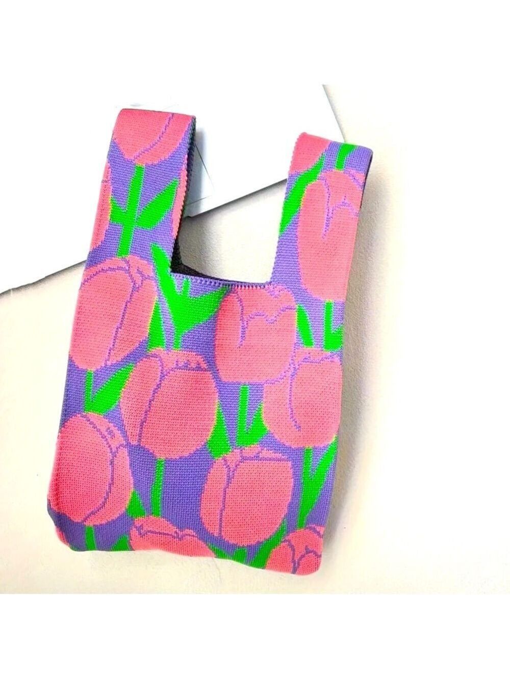 Heavy Woven Knit Pink Tulip Pattern Tote Purse Bag Japanese Knot  Closure Style